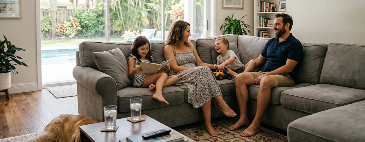 Winter Springs family enjoying cool AC in living room.